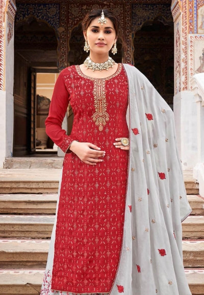 Party Style Divine Maroon Chinon Palazzo Style Suit main image 1