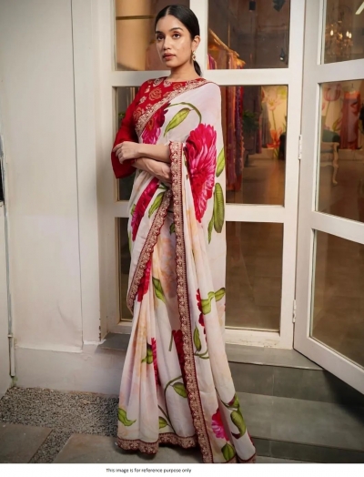 Bollywood Model White and red floral saree