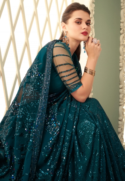 Women's Georgette Teal blue Woven Design Designer Saree With Blouse Piece