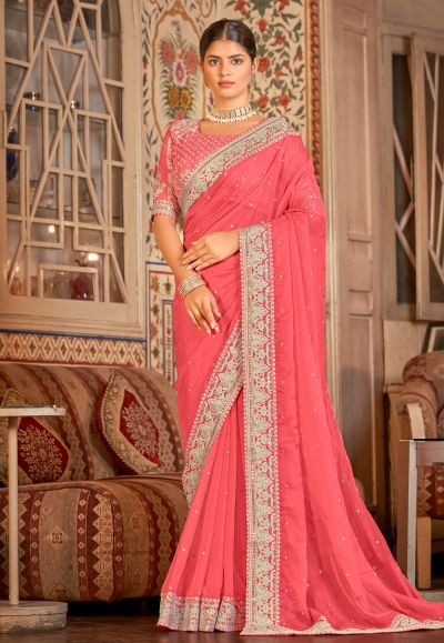 Pink organza saree with blouse 28006