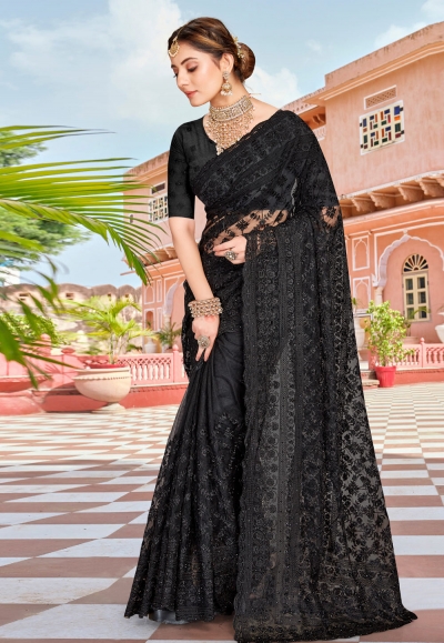 Black net saree with blouse 1471