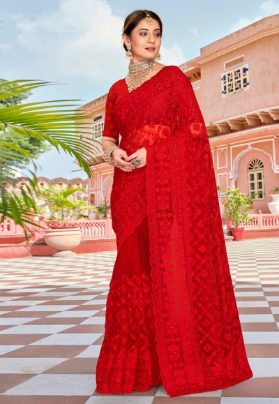 Red net saree with blouse 1473