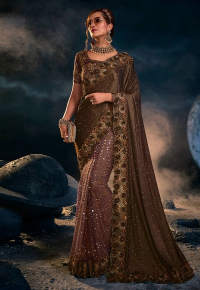 Brown net saree with blouse 6309
