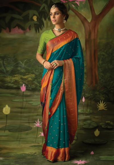 Brasso Saree with blouse in Teal colour 15049a