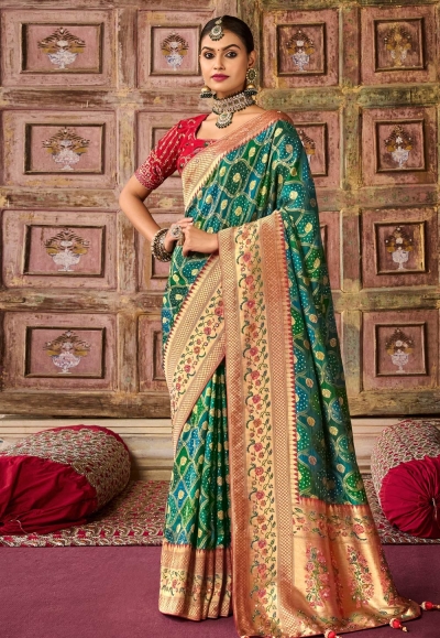 Silk Saree with blouse in Green colour 6403