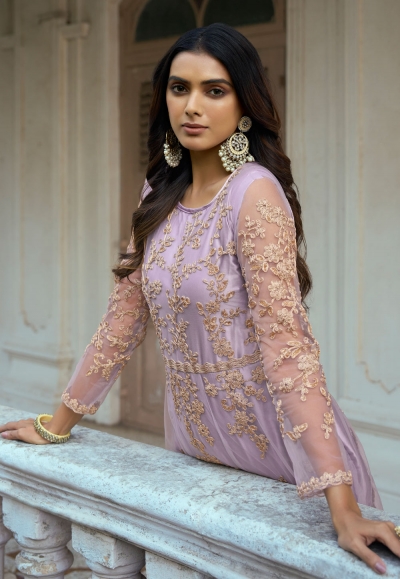 Net Purple Embroidered Festive Style Anarkali Suit