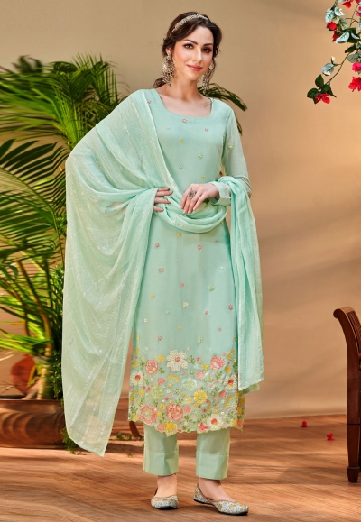 Sea green viscose georgette pant style suit 10115