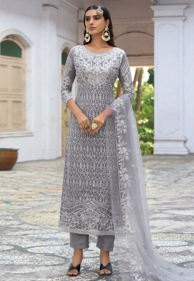 Faux georgette embroidered pakistani suit in Grey colour 2016A