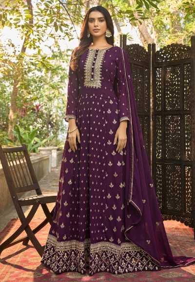 Faux georgette long Anarkali suit in Purple colour 1021