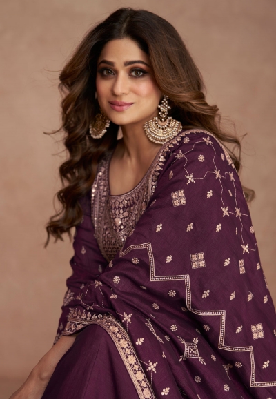 Beige & Wine Belt Style Anarkali Featuring Shamita Shetty main image 1
