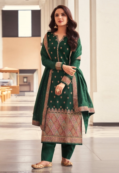 Jacquard pakistani suit in Green colour 17022
