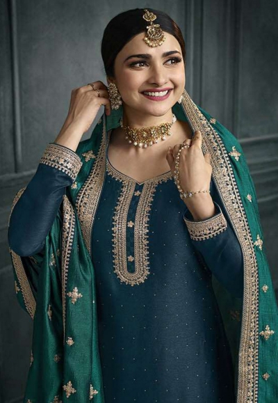 Prachi Desai Teal Green Silk Georgette Embroidered Sharara Suit