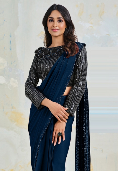 Women's Satin Silk NavyBlue WovenDesign DesignerSaree With Blouse Piece