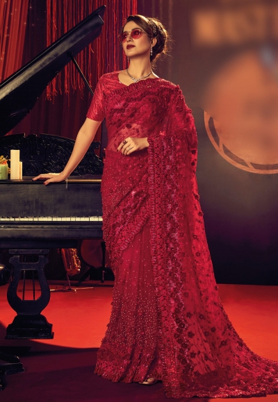 Net Saree with blouse in Maroon colour 6701