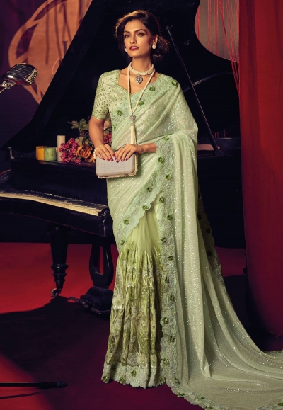 Net Saree with blouse in Pista green colour 6707