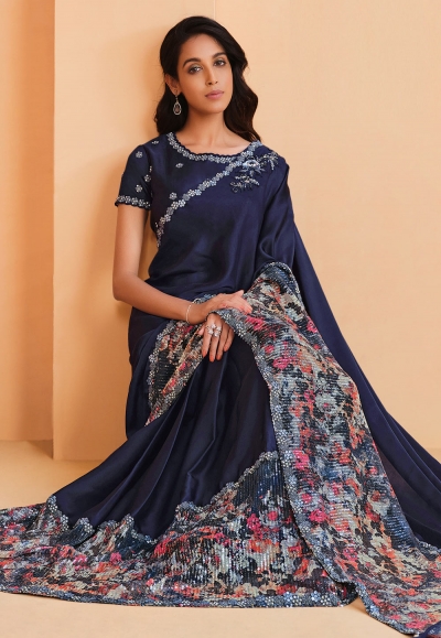 Women's Crepe Blue Printed Designer Saree With Blouse Piece