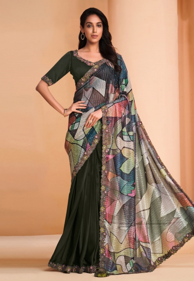 Satin crepe Saree with blouse in Green colour 22912