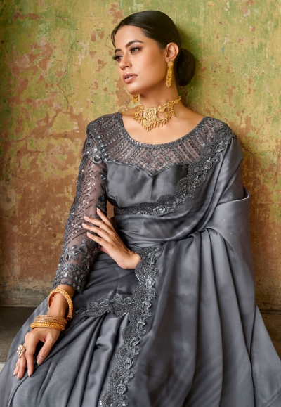 Women's Satin Silk Grey Half & Half Designer Saree With Blouse Piece