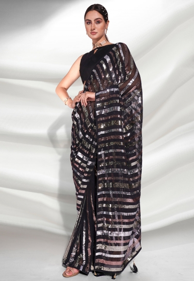 Georgette Designer Saree  in Black colour with blouse 3944