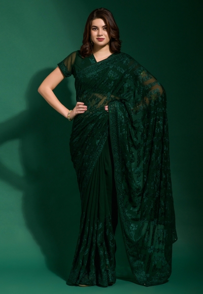 Georgette Saree with blouse in Green colour 8033