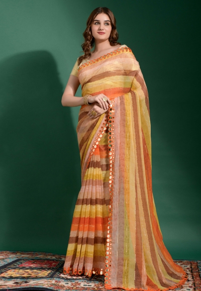 Chiffon Saree with blouse in Yellow colour 2011