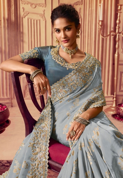 Black Woven Design Chinon Saree With Unstitched Blouse Piece