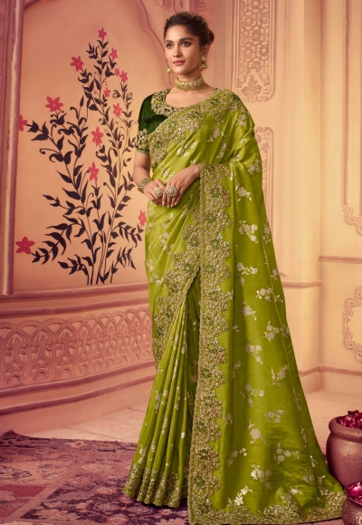 Chinon Saree with blouse in Light green colour 8009