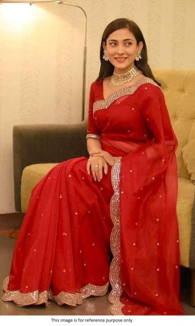 Bollywood Model Red mirror work georgette saree