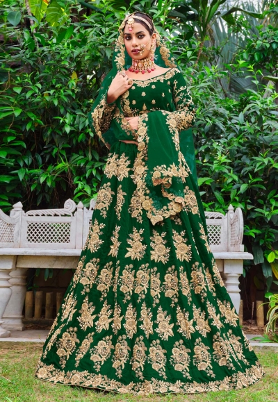 Velvet circular lehenga choli in Green colour 3071A