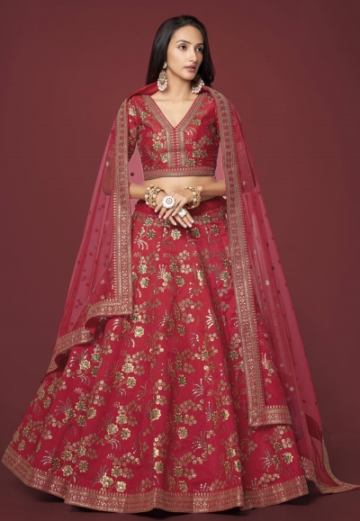 Silk circular lehenga choli in Red colour 7815