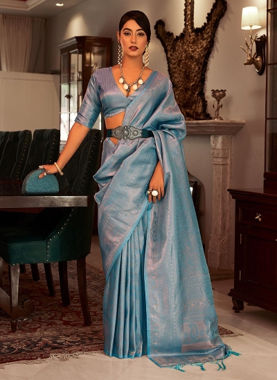 Sky Blue Satin Silk Party Wear Kanchivaram Saree SAMBHAVISILK 152002