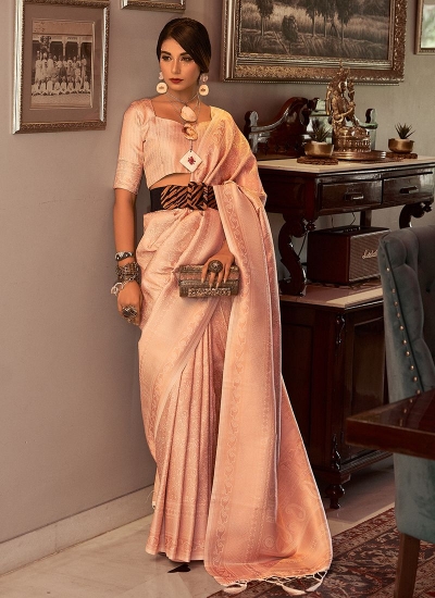 Peach Satin Silk Party Wear Kanchivaram Saree SAMBHAVISILK 152006