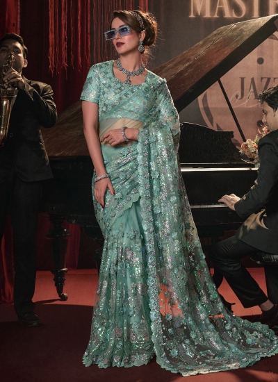 Net Sequence Saree in Sea Green Color 6804