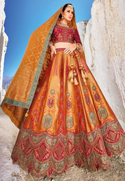 Orange banarasi silk lehenga choli for wedding 7107