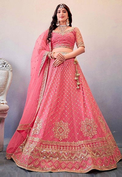 Pink net circular lehenga choli for wedding 180284