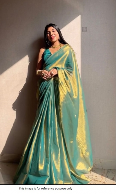 Bollywood Model Golden Pastel green tissue silk wedding saree