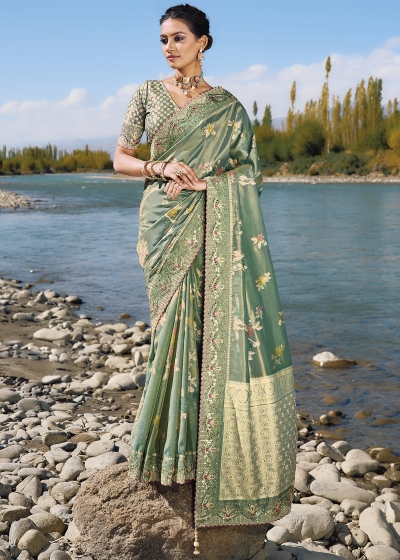 Sea Green banarasi silk wedding wear saree 7305