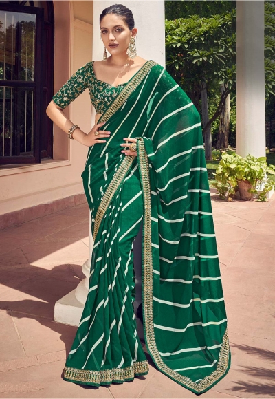Green georgette designer lehariya saree with blouse 1028