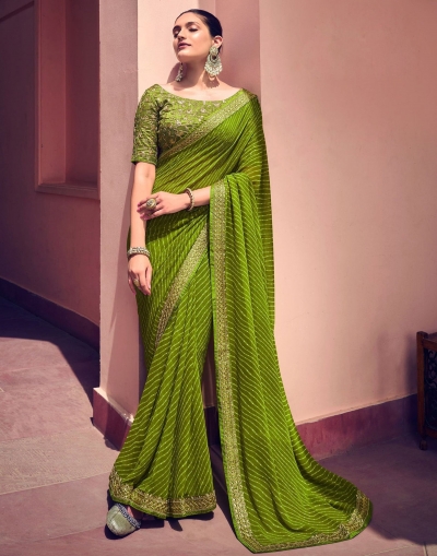 Apple green georgette designer lehariya saree with blouse 1032
