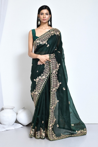 Green organza silk embroidered saree with blouse N8122C
