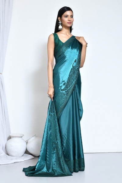 Teal Green Satin Silk Readymade/Easy Saree