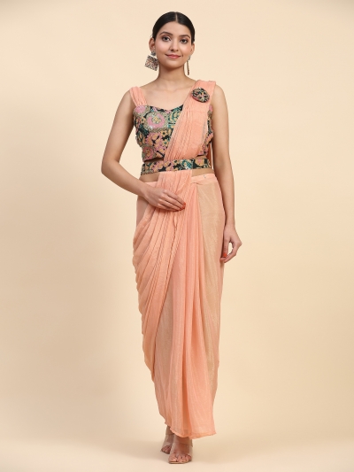 Stitched Saree with blouse in Peach colour A306