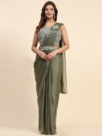 Stitched Saree with blouse in green colour A329
