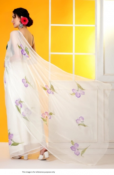 Bollywood Model hand paint floral pure chiffon saree