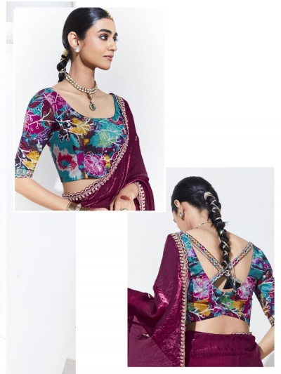 Wine Tissue Saree With Cutdana And Sequin Embroidery main image 0