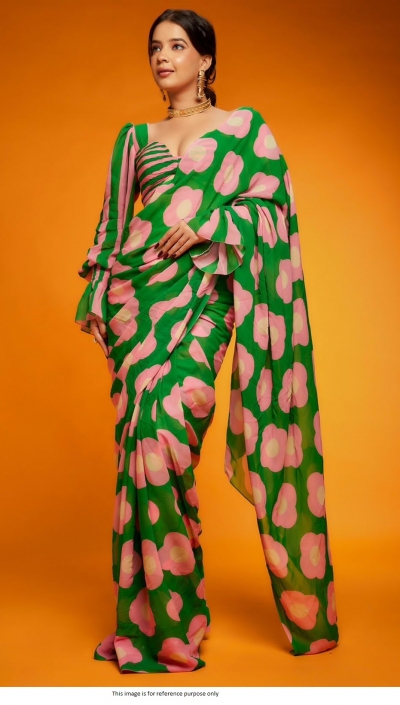 Bollywood Model Satin digital print saree in Green