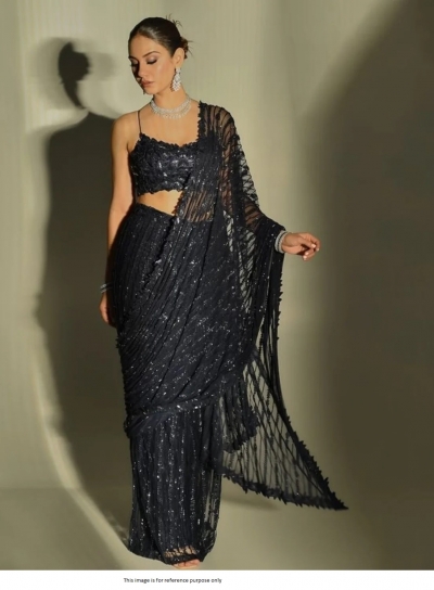 Bollywood Model Black Net sequins embroidered saree