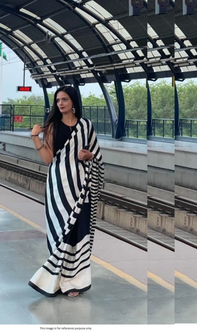 Bollywood Model Black and White green Satin digital print saree