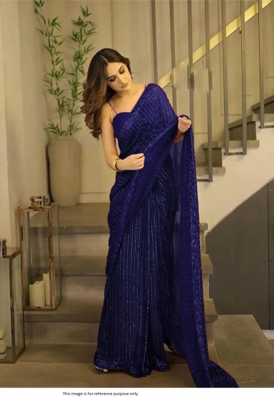 Bollywood Model Navy blue georgette sequins embroidered saree