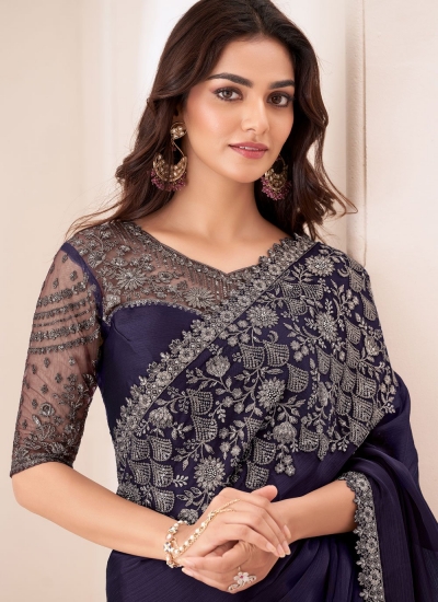 Designer Style Purple Embroidered Wedding Saree